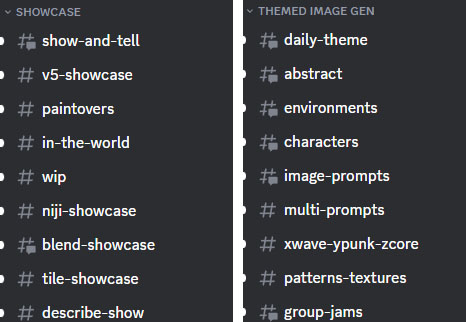 Liste des channels sur le Discord de Midjourney